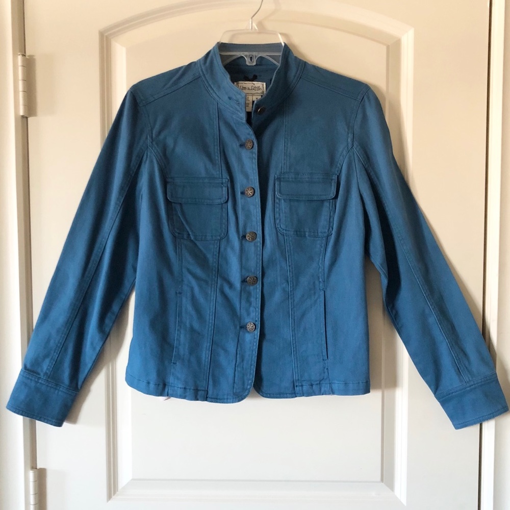 Live A Little Turquoise Blue Denim Jacket Stretch Jean Blazer Size M